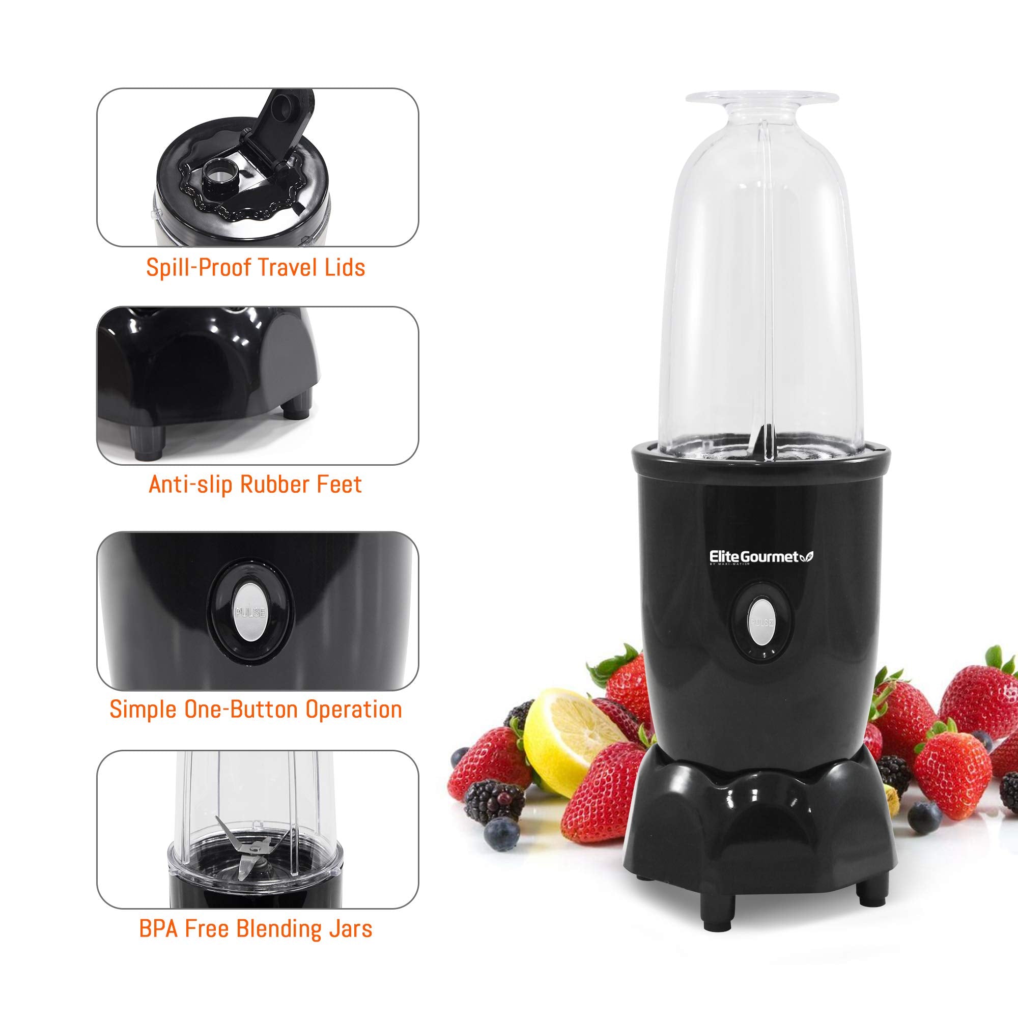 Elite Gourmet EPB-1800A# 17-Piece Personal Drink Mixer Blender, Sports Blender 16 Oz capacity, Includes Chopping and Blending Blade, Drink Lids and Extra Cups