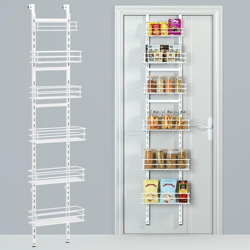 Purdaz Adjustable 6-Tier Over the Door Pantry Organizer, Spice Rack, Narrow Hanging Shelf for Kitchen Storage and Organization (White)