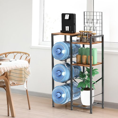 Water Bottle Holder Organizer 5 Gallon Water Jug Holder 5 Cup Hooks Heavy Duty Water Dispenser Stand Rack with Storage Shelves Water Cooler Jug Rack for Kitchen, Office, Living Room, Rustic Brown