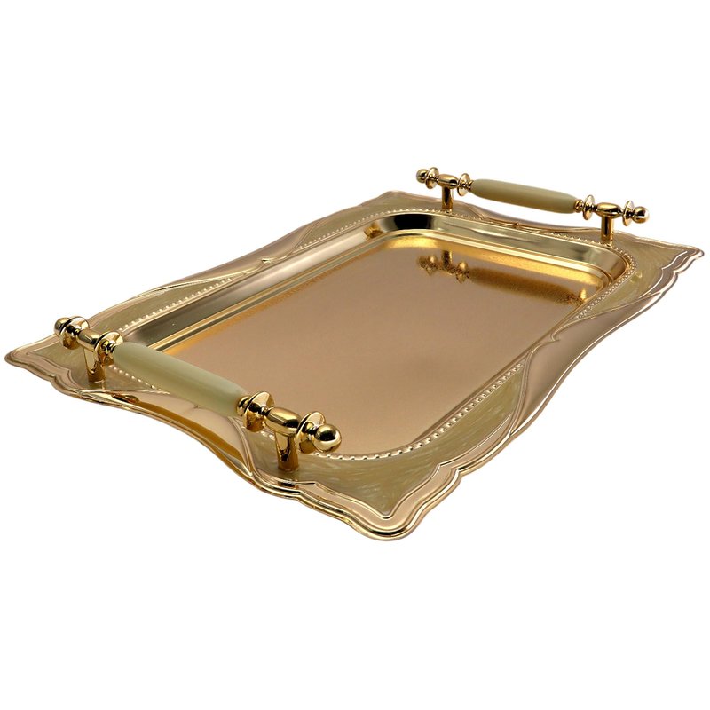 Maro Megastore 14.2 inch x 10.2 inch Rectangular Iron Gold Plated Serving Tray with Handles Floral Amber Edge Decorative Party Candles Birthday Buffet Decor Platter Plate Base Dish FST-024