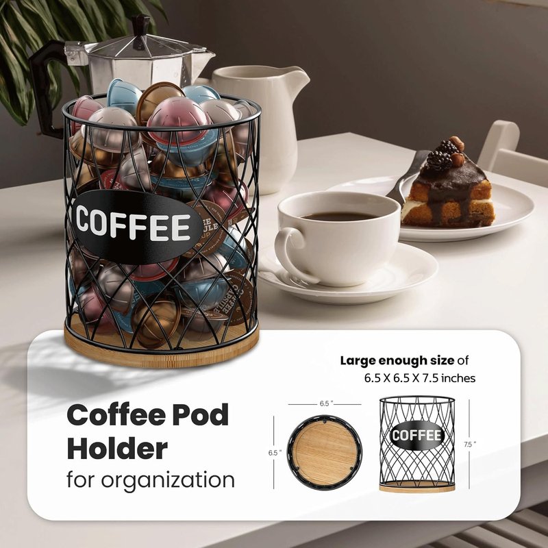 ADDFIT HOUSE Coffee Pod Holder for K Cups – K Cup Organizer with Metal Wire and Bamboo Base, Large Capacity Coffee Pod Storage for Countertop, Coffee Bar or Kitchen, Pod Holder for K-Cup Style Capsule