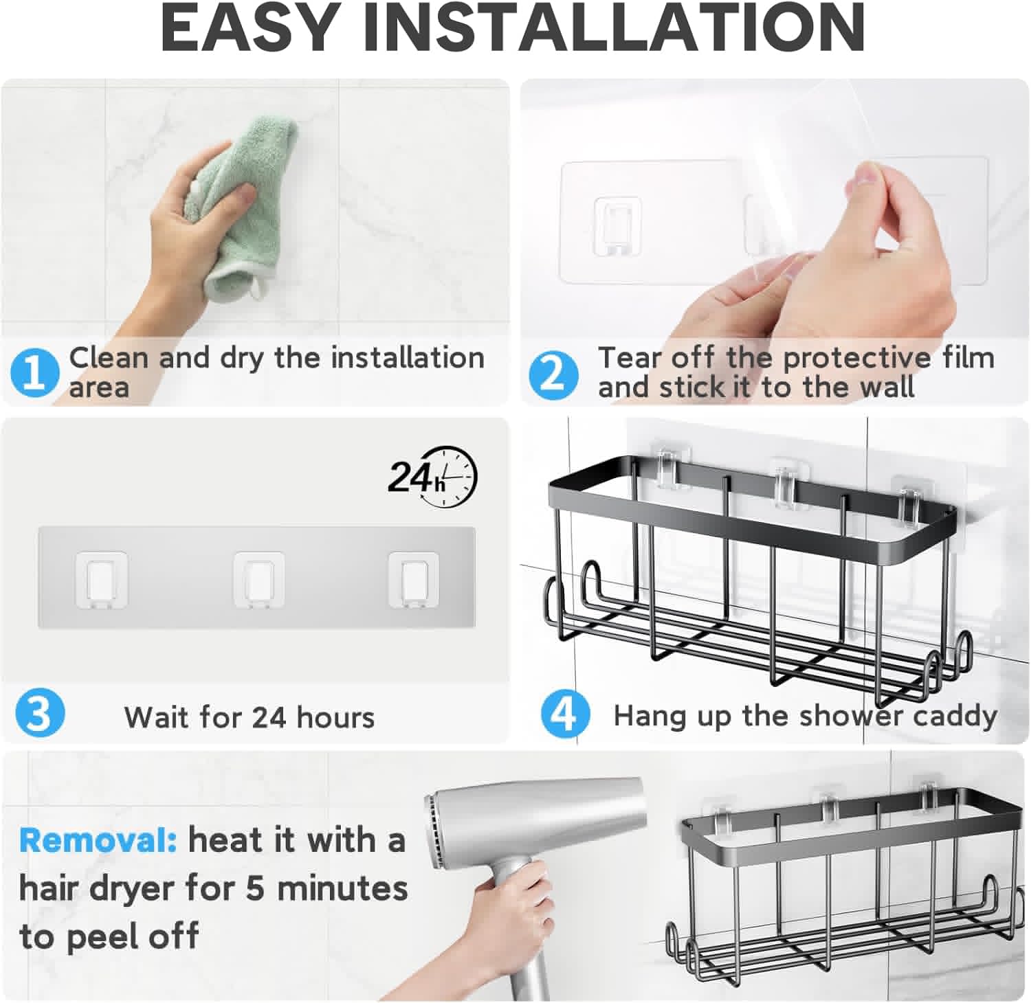 Skiennix Shower Caddy Adhesive Hooks - Strong Waterproof No-Drill Design | 10 Pack (Triple 6pcs + Single 4pcs)