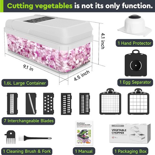 MealHelper 12-in-1 Vegetable Chopper, 7 Blade Veggie Chopper, Practical Food Chopper with Container, Cheese Grater, Home Essentials & Kitchen Gadgets(Black/White)