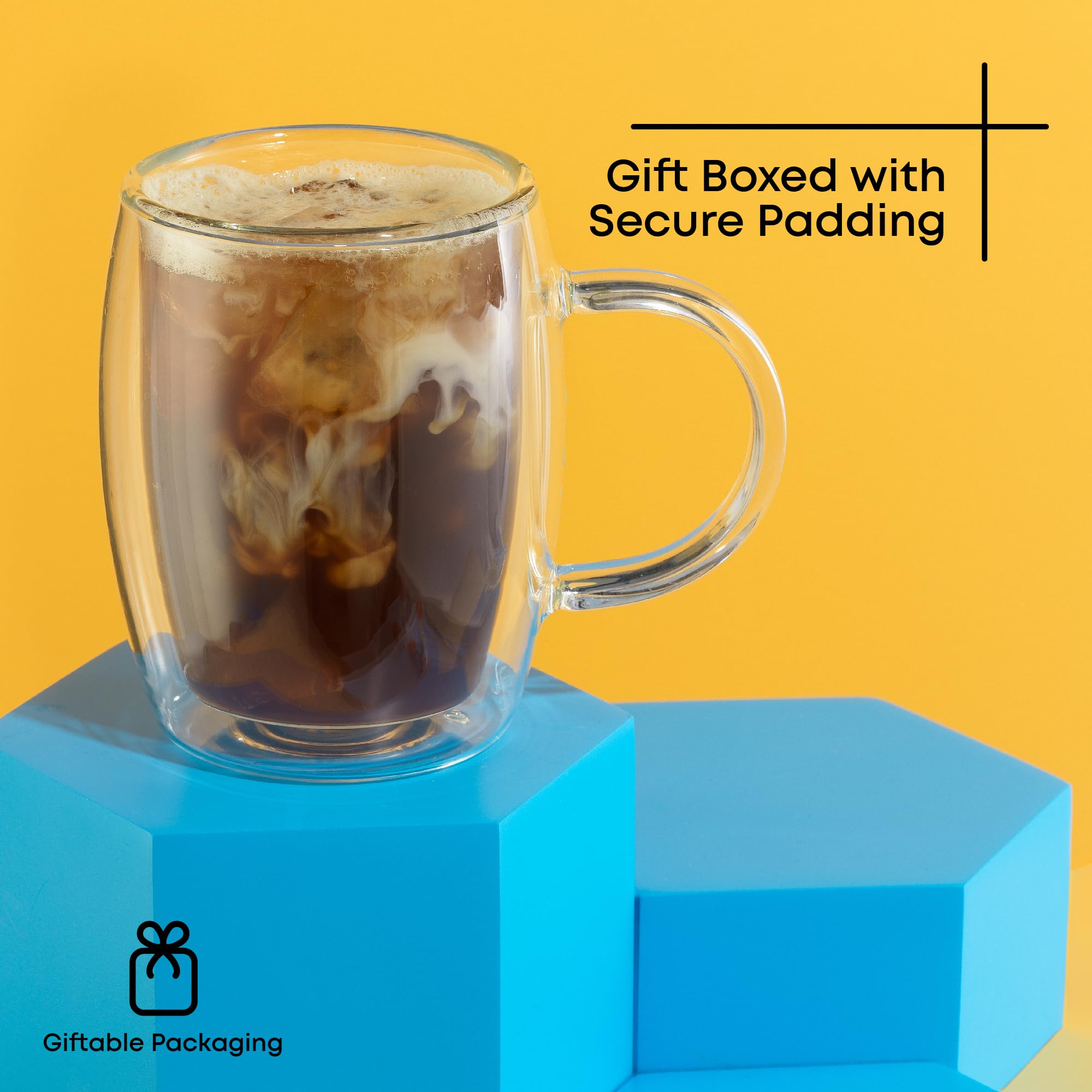 JoyJolt Double Wall Glasses 13.5-Ounce Insulated Mugs Double Walled Glass Cups For Coffee Tea Set of 2