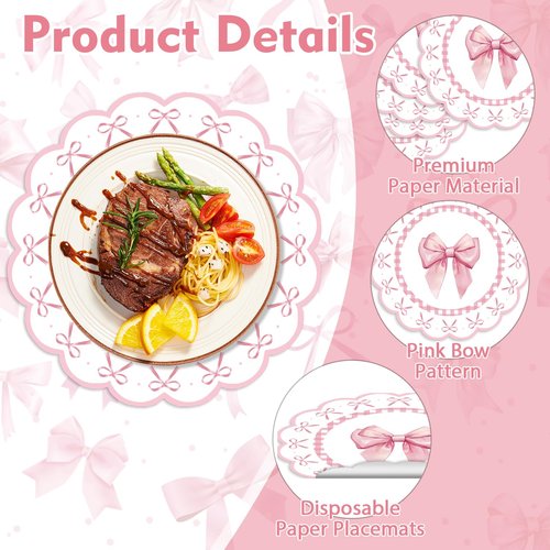 50 Pcs Pink Bow Paper Placemats 13.4 Inch Round Decorative Pink Bow Place Table Mats Disposable Placemats Mats for Table Setting for Bachelorette Bridal Shower Wedding Birthday Party Supplies