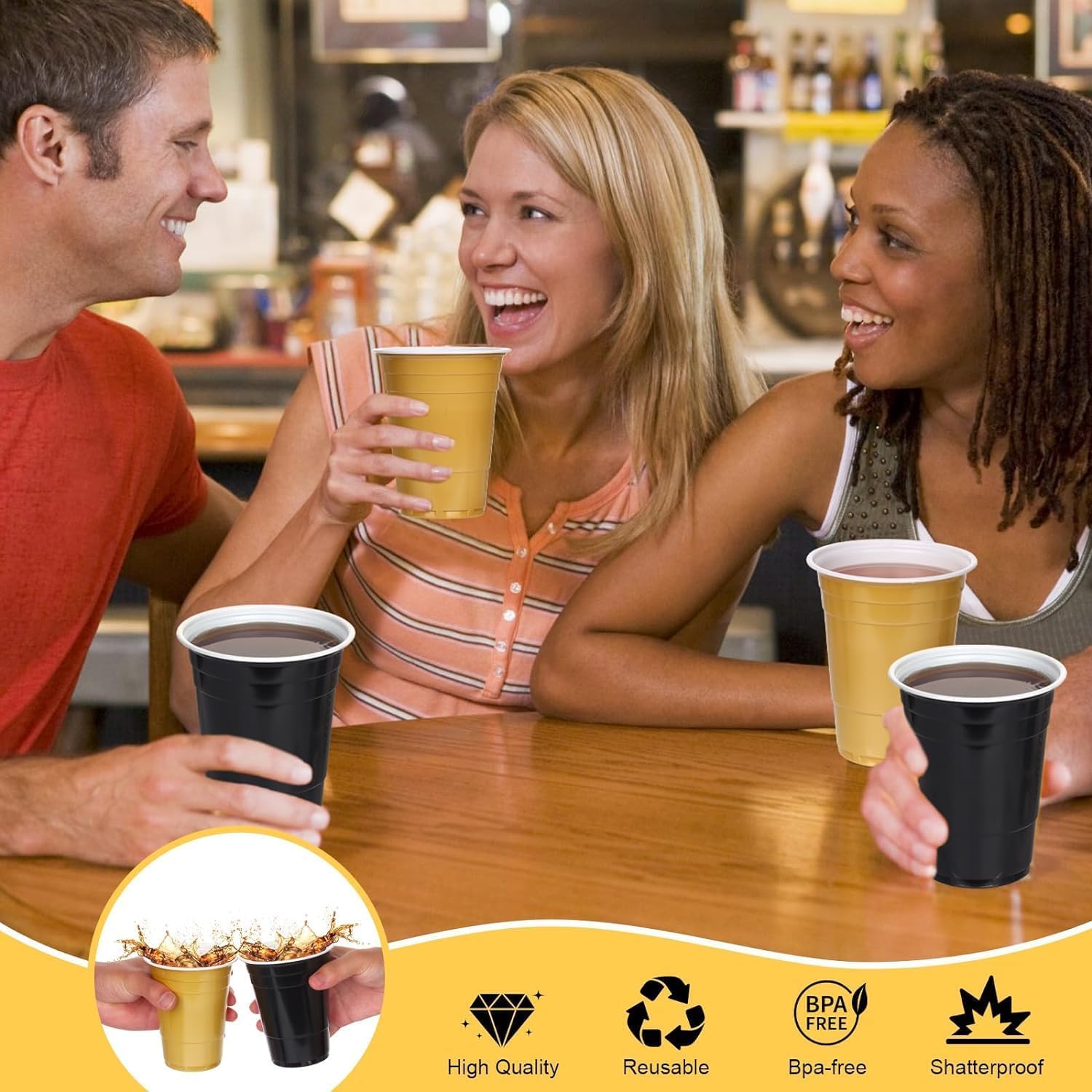 KesaPlan 50PCS 16 oz Plastic Cups Graduation Cups Black and Gold Disposable Party Cup Bulk for Party Graduation Wedding Birthday Halloween Family Gatherings and Festive Celebrations