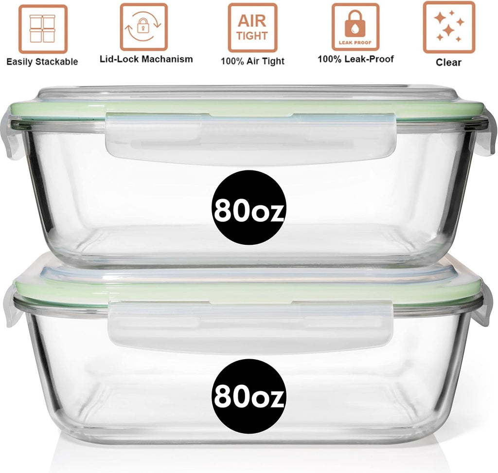 Razab Glass Food Storage Containers - 10 Cups/80 Oz, 4-Pc Set with Airtight Locking Lids | BPA Free, Leak Proof, Safe for Microwave & Oven