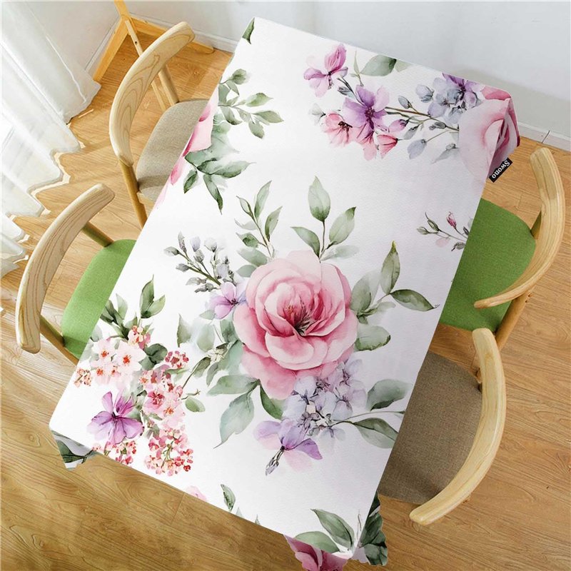 Swono Rose Table Cloth Rectangle Tables Watercolor Pink Flowers Rose Leaves Kitchen Table Cover Oblong 52"X70" Tablecloth for Dining Table Buffet Parties Patio and Camping