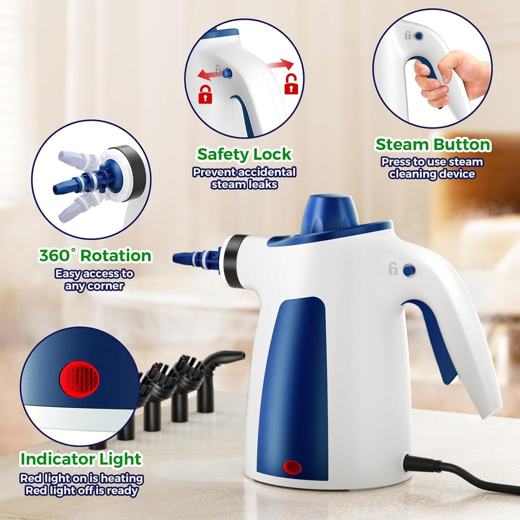 Skiennix Steam Cleaner - Pressurized Handheld Multi-Surface Steamer with 12 Accessories | 350ML Capacity for Home, Car, Upholstery, and Kitchen Cleaning