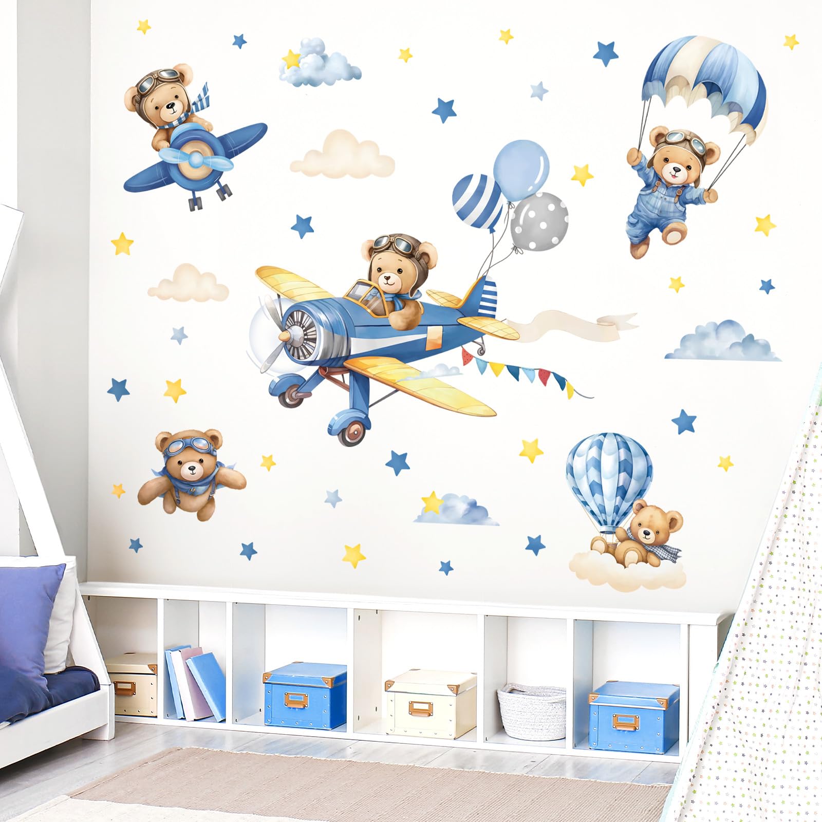 decalmile Airplane with Animals Wall Stickers Hot Air Balloon Bear Clouds Wall Decals Baby Nursery Kids Bedroom Living Room Wall Decor