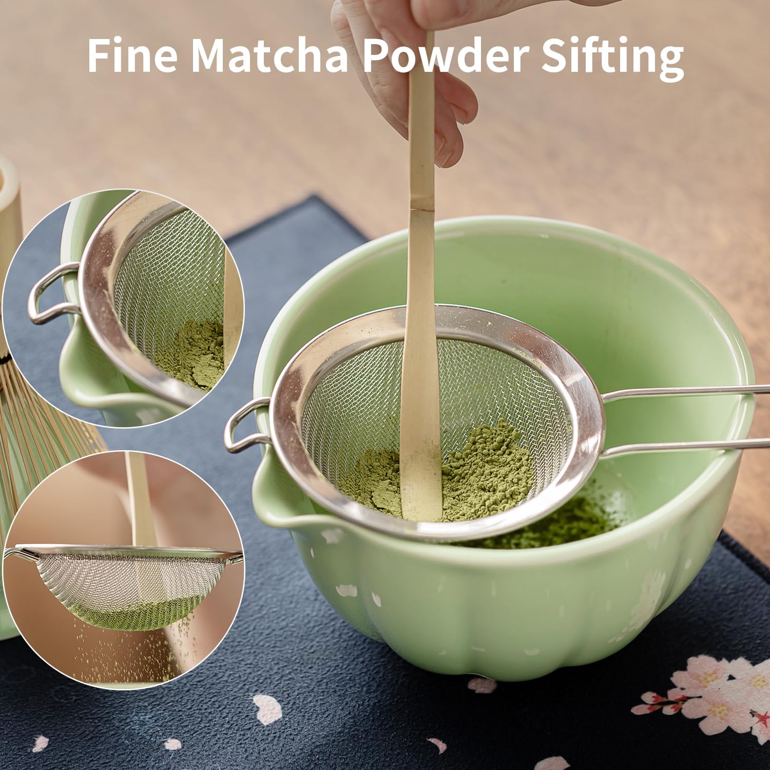 Matcha Whisk Set of 8 - HTRCXB Ceramic Matcha Set, Include Matcha Bowl, Matcha Whisk and Holder, Bamboo Scoop, Measuring Spoon, Scoop Rest, Sifter and Tea Towel - Matcha Kit Gift for Matcha Lovers