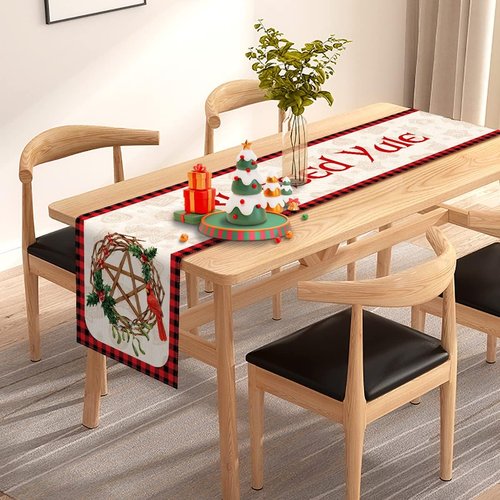 Blessed Yule Table Runner - Buffalo Plaid Check for Winter Solstice | White, 13" x 72" Home Decor