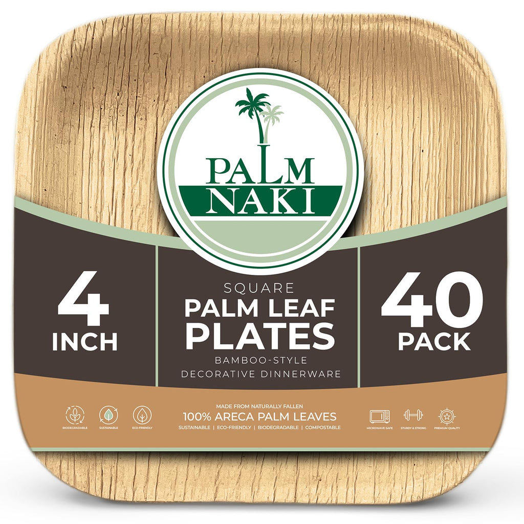 PALM NAKI Palm Leaf Plates | 4" Square Condiment Plates | Compostable Bamboo-Style Plates | Ideal for Events, Gatherings, and Everyday Elegance - 40 Pack