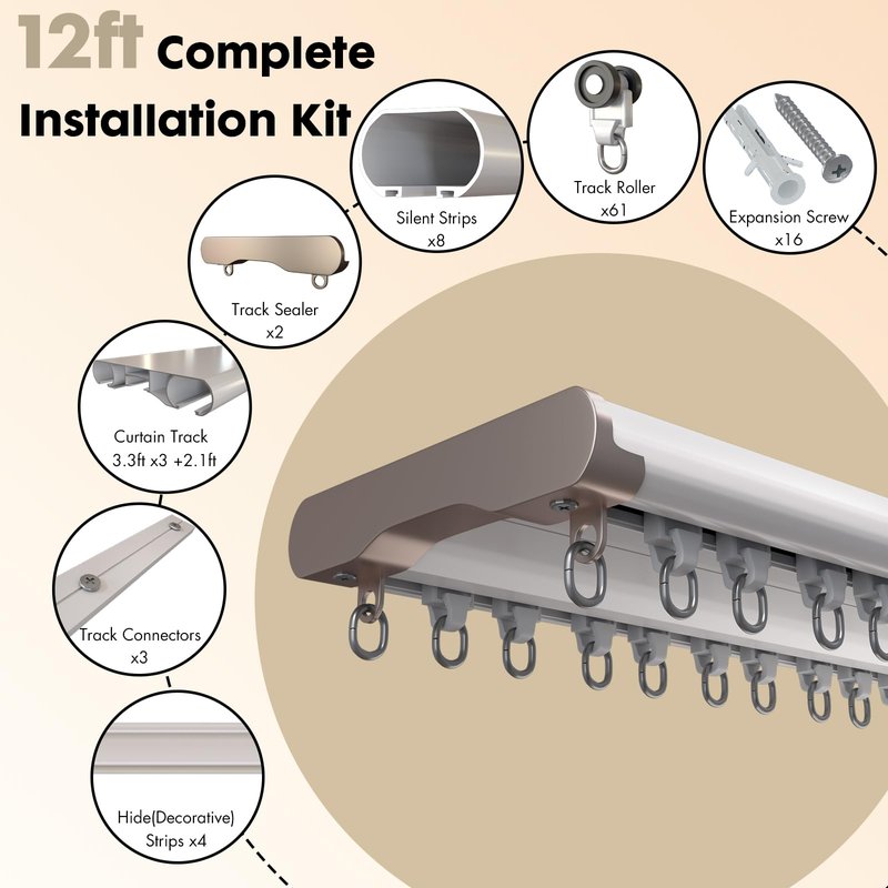 Silent Double Curtain Track Ceiling Mount 5' to 16', Wide 4" White Aluminum track Curtains Rail, Bedroom/Window/Hotel Drop Ceiling Curtains Tracks (without curtains & hooks)(Double, 12ft)