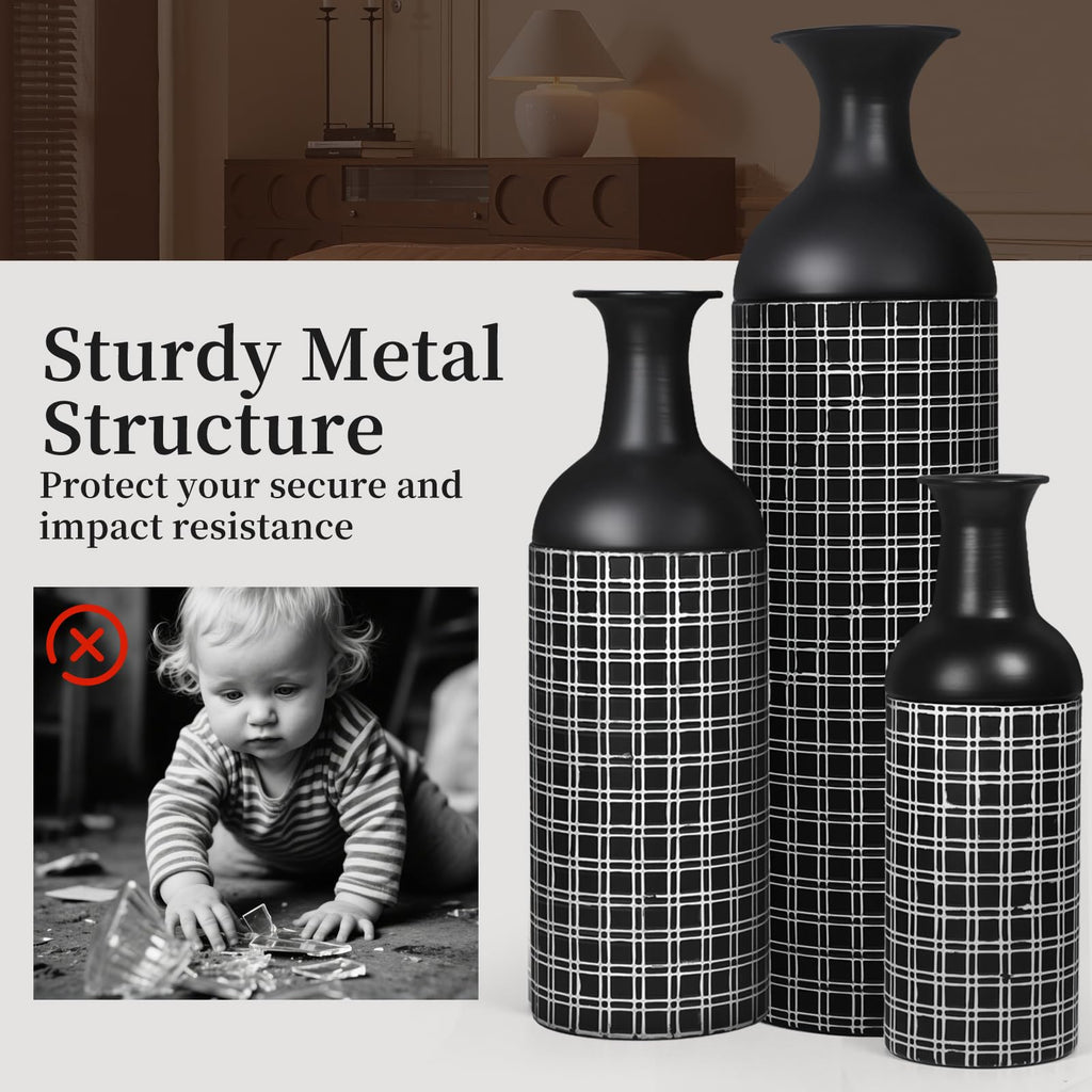 Tall Floor Vase Set of 3, Large Black Metal Vase with Minimalist White Lines & Detachable Vases Mouth, Big Modern Decorative Vases for Living Room,Hallway,Dining Rooms,Office,Kitchen.