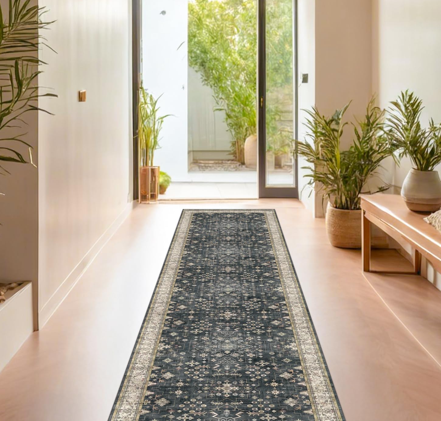 Skiennix 8ft Washable Black Runner Rug - Non-Slip Boho Vintage Design for High Traffic Areas