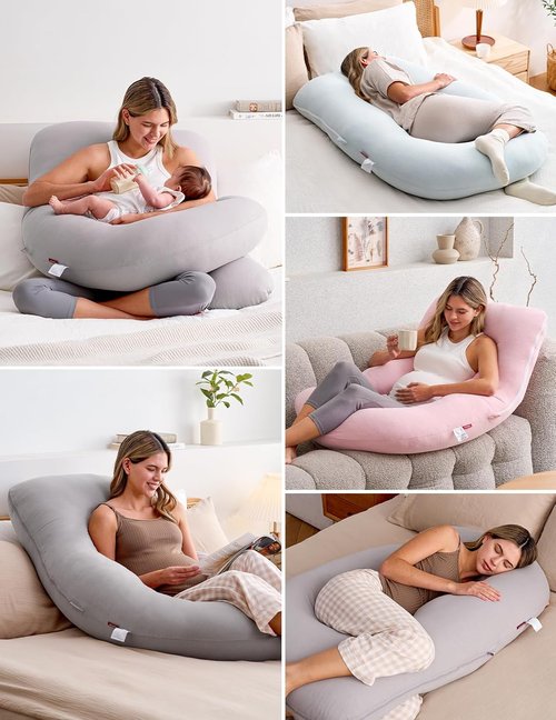 Momcozy U-Shaped Pregnancy Pillow - Full Body Support for Expecting Moms | 57-Inch Grey Jersey Cover