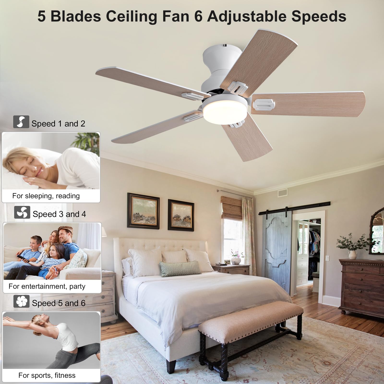 KENSID 42 Inch White Ceiling Fans with Lights and Remote,Low Profile Flush Mount Modern Ceiling Fan with Light, 5 Blades,Dimmable LED Light,6 Speed DC Motor,Indoor Outdoor Ceiling Fan for Bedroom
