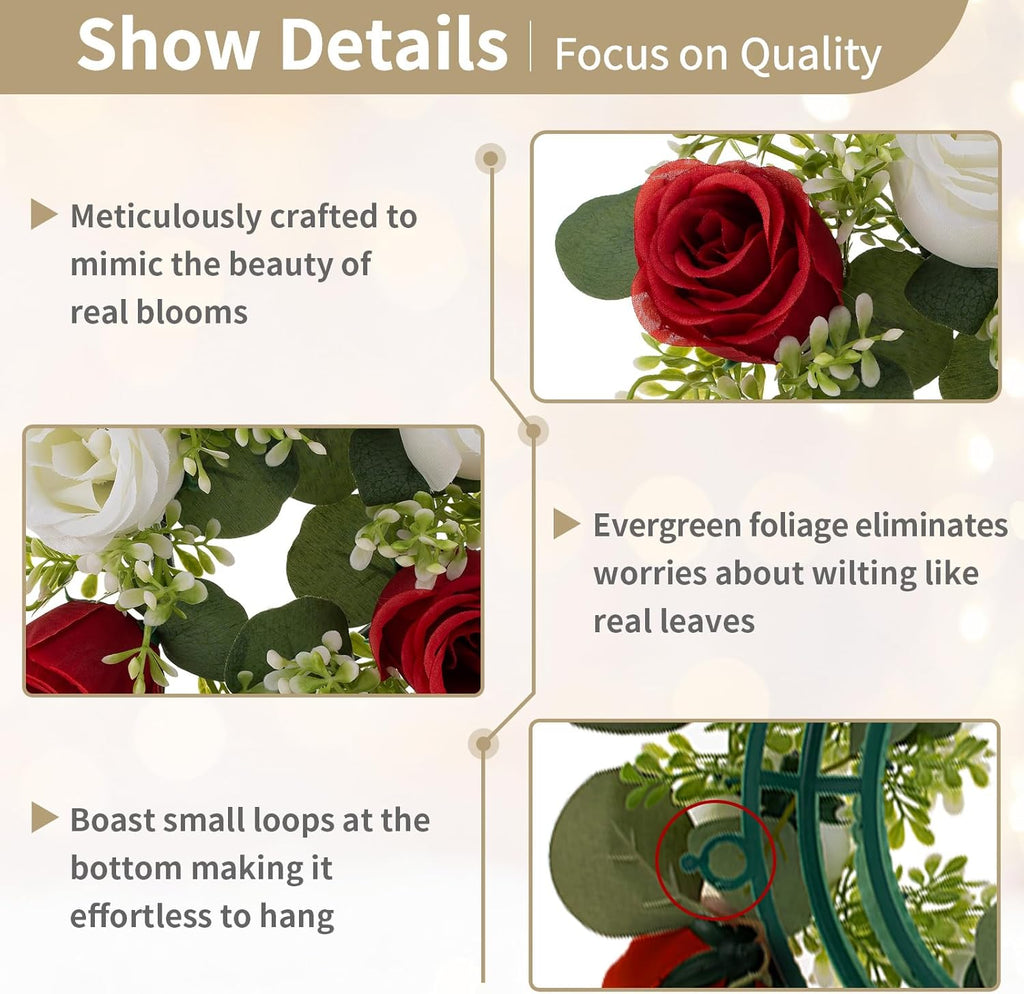 NUPTIO Candle Rings | 13.4 Inch Crimson & White Flower Rose Wreaths for Weddings & Christmas Decor - 2 Pcs