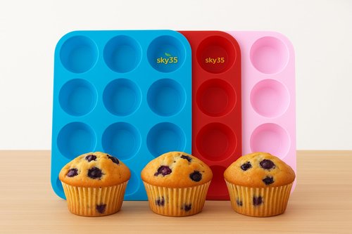 SKY35 12 Cups Silicone Muffin Pan - Set of 3 Pack Regular Size Silicone Mold - Set of 3 Mixed Colors Cake Pan - Cupcake Baking Pan/Non - Stick Mold - Dishwasher - Microwave Safe