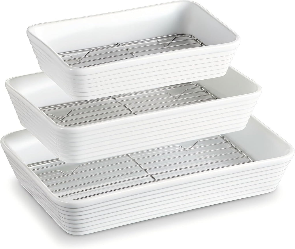ONEMORE Baking Dishes - Large 9x13 Ceramic Casserole Set with Roasting Racks | 3QT, 2.1QT, 1.3QT Sizes