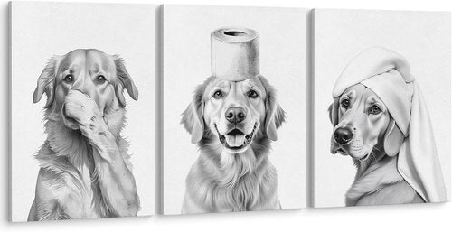 LUKIPOM Funny Golden Retriever Wall Art Set - 3 Canvas Prints for Bathroom Decor | 11x14 Inch Framed