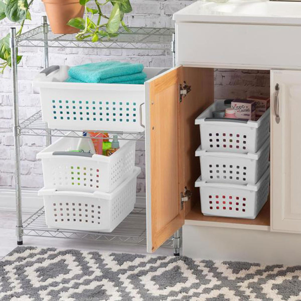 Sterilite Small Plastic Stacking Storage Baskets - Comfort Grip Handles | 8 Pack, White for Home Organization