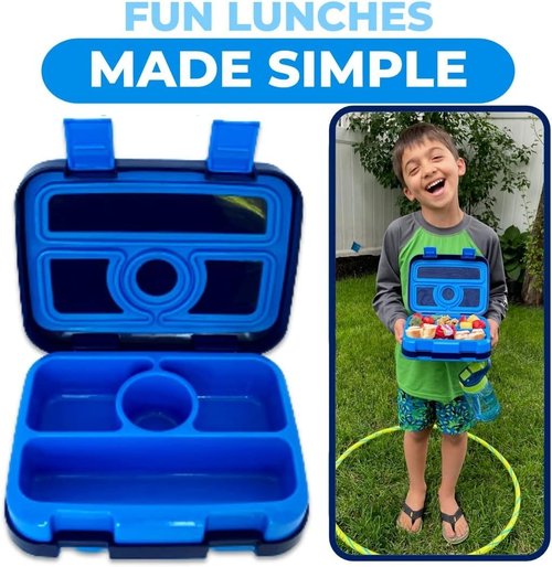 kinsho Kids Lunch Box - Bento Box for Boys Toddler Daycare, 4 Portion Sections with Lid, Snack Container Pre-School Kid Lunches Toddlers Removable Tray BPA Free, 3+ Years Old, Blue Rocket Dinosaur