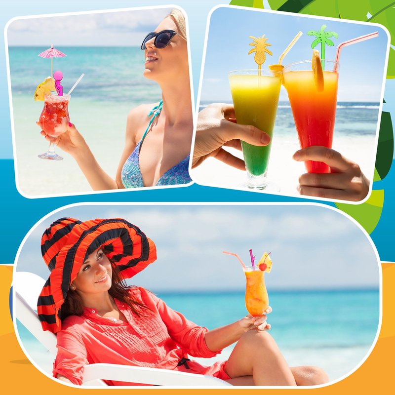 Willinglong 100 Assorted Tropical Swizzle Sticks Bar Cocktail Stirrers Luau Palm Tree Flamingo Fun Reusable Novelty Beverage Cocktail Margarita Tiki Drink Stirring Sticks for Birthday Wedding Party