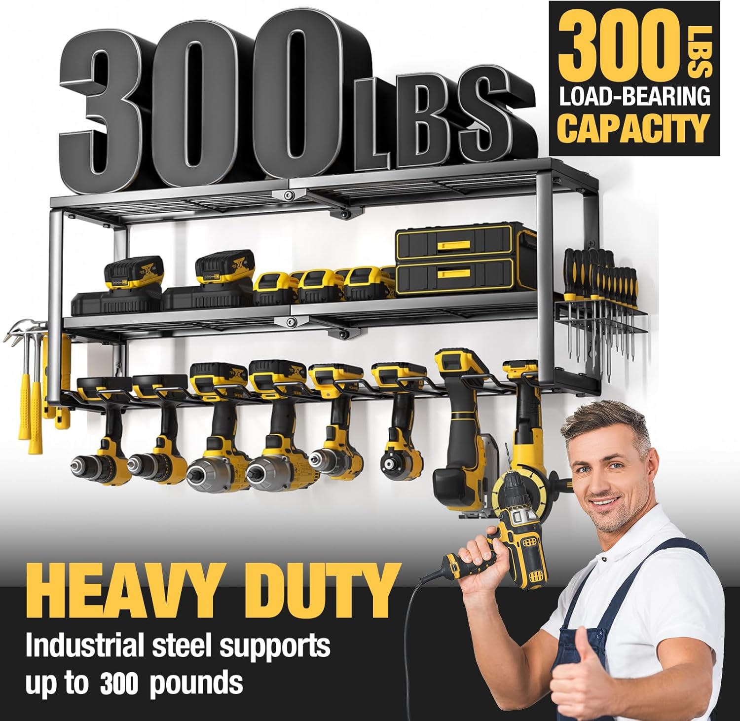 YYR Heavy Duty Power Tool Organizer - Wall Mount Cordless Drill Hanger & Charging Station | 32 Inch, 8 Slots for Garage & Workshop