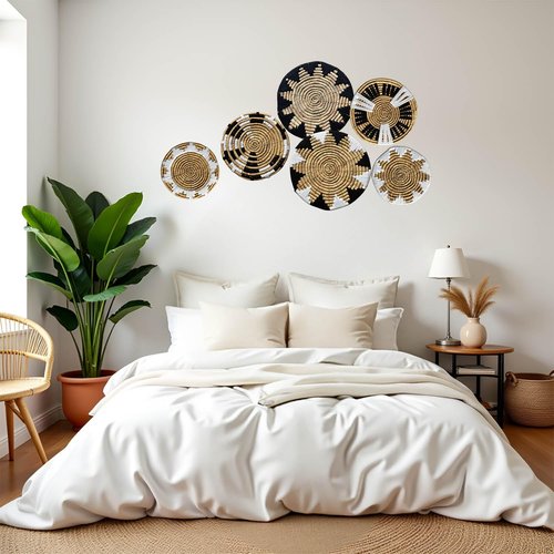 Laquedecraft Boho Wicker Rattan Plate Basket Set For Décor Hanging Wall | Large Woven Farmhouse Rustic Bohemian Art Baket Hangings For Decorative Home, Bedroom, Living Room, Kitchen, Bathroom (Art Deco, Natural, Set of 6)