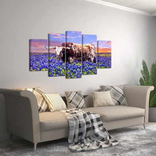 RyounoArt Longhorn Wall Decor Texas Bluebonnet Pictures Painting Bluebonnet Field Canvas Art for Living Room Bedroom Decor Framed Large