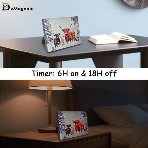 Highland Cattle | LED Lighted Winter Animal Portrait - 6x8 Horizontal Picture with Timer & Kickstand