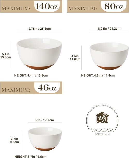 MALACASA Ceramic Mixing Bowls Set of 3 - Large Nesting Bowls for Cooking & Baking | Oven & Dishwasher Safe, 46/80/140 Oz