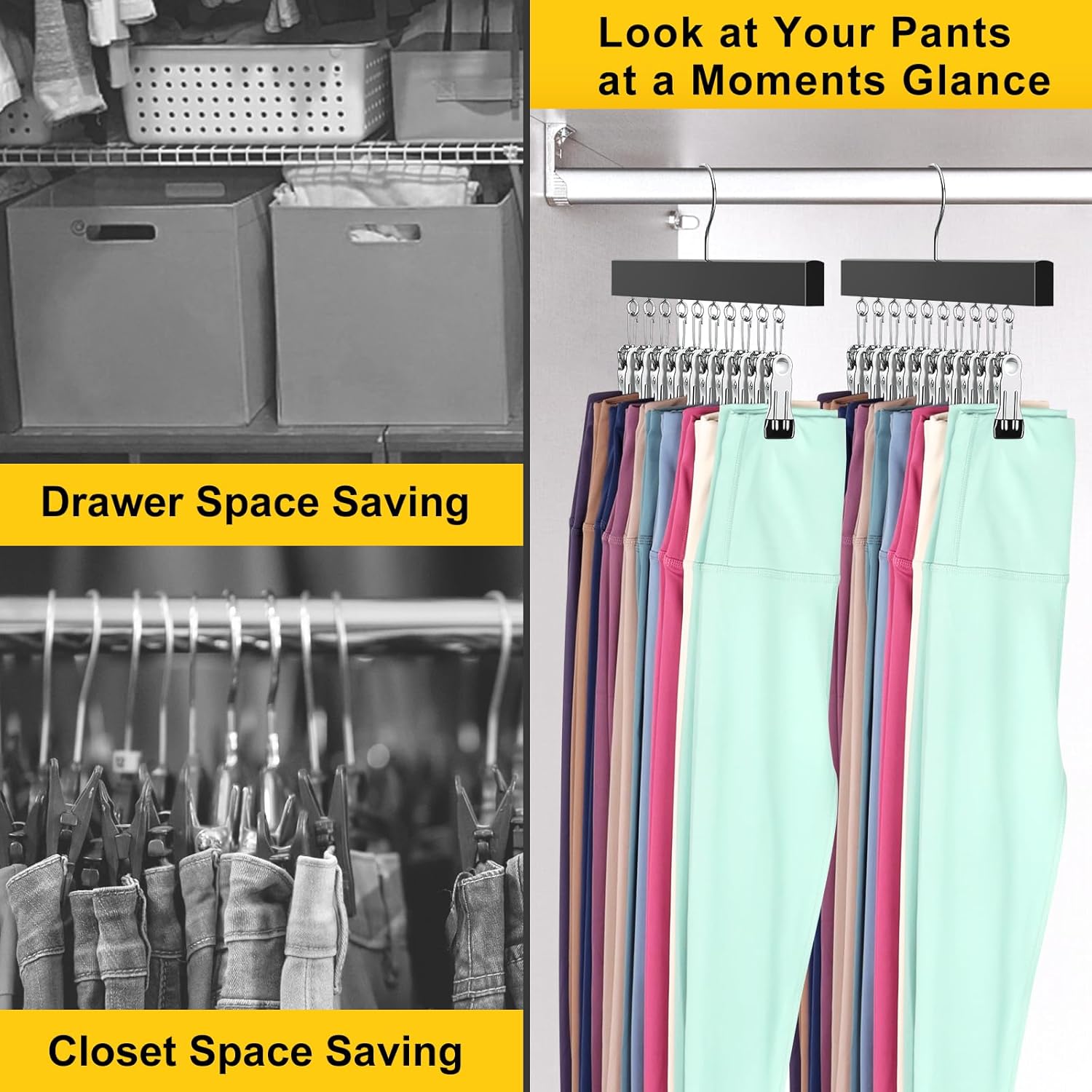 Skiennix Legging Organizer - 360° Rotating Pants Hangers with Clips | Holds 20 Leggings, Jeans & More (2 Pcs)