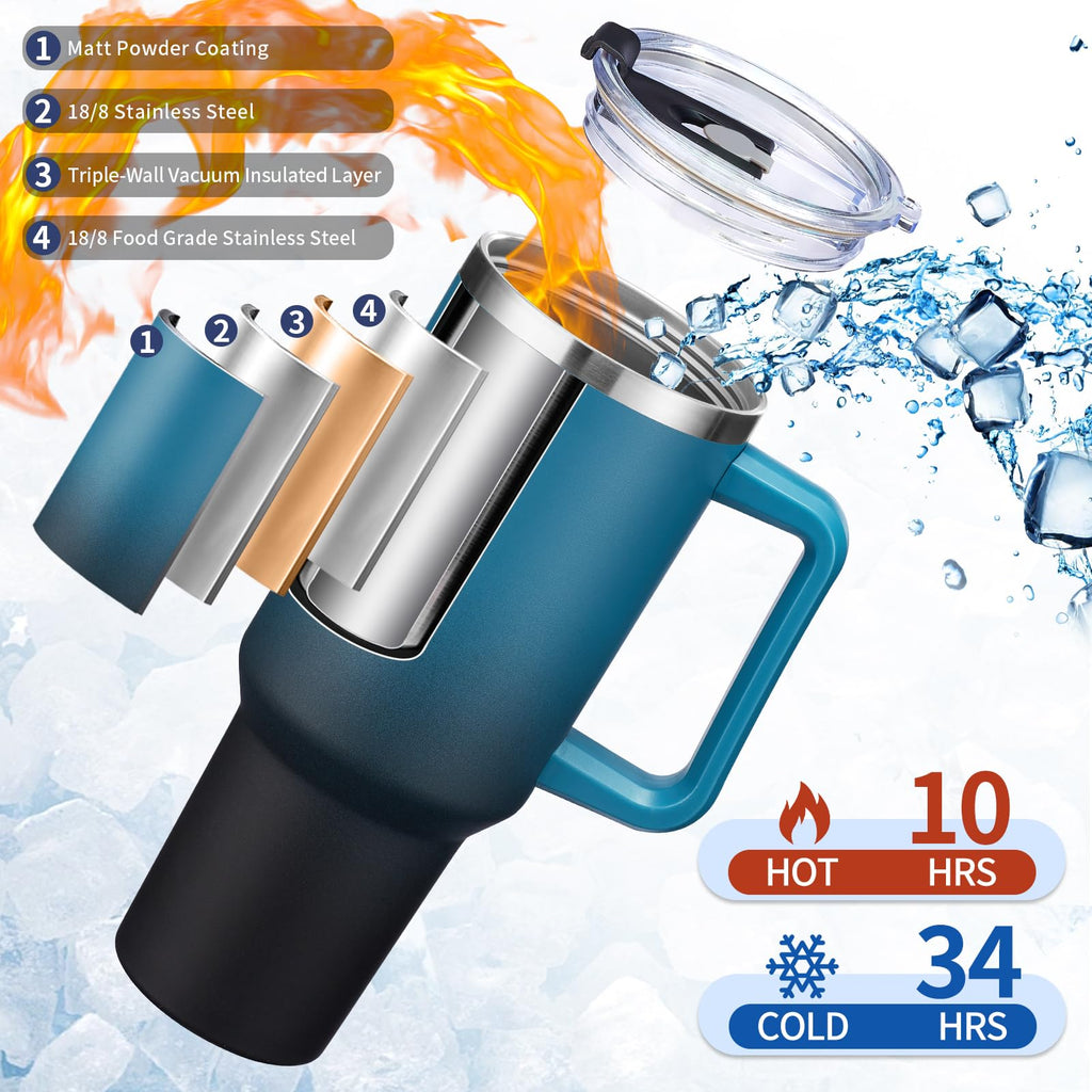 BENZZO Tumbler with Lid and Straw 40oz Stainless Steel Tumblers with Protective Boot & Double Threaded Cap, Thermal Travel Coffee Mug Flask Keeps Cold-34 Hrs for Gym Office, Car Cupholder Friendly