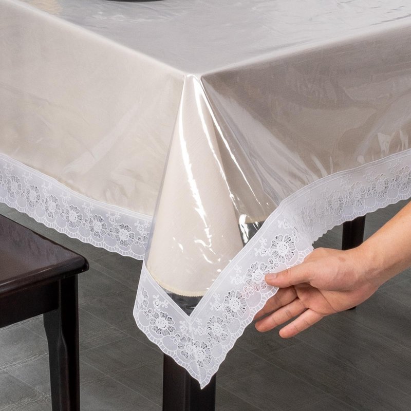 Lace Trim Tablecloth, Crystal Clear Vinyl, Waterproof Plastic Table Cover with Decorative White Border for Dining Tables (60x90in)