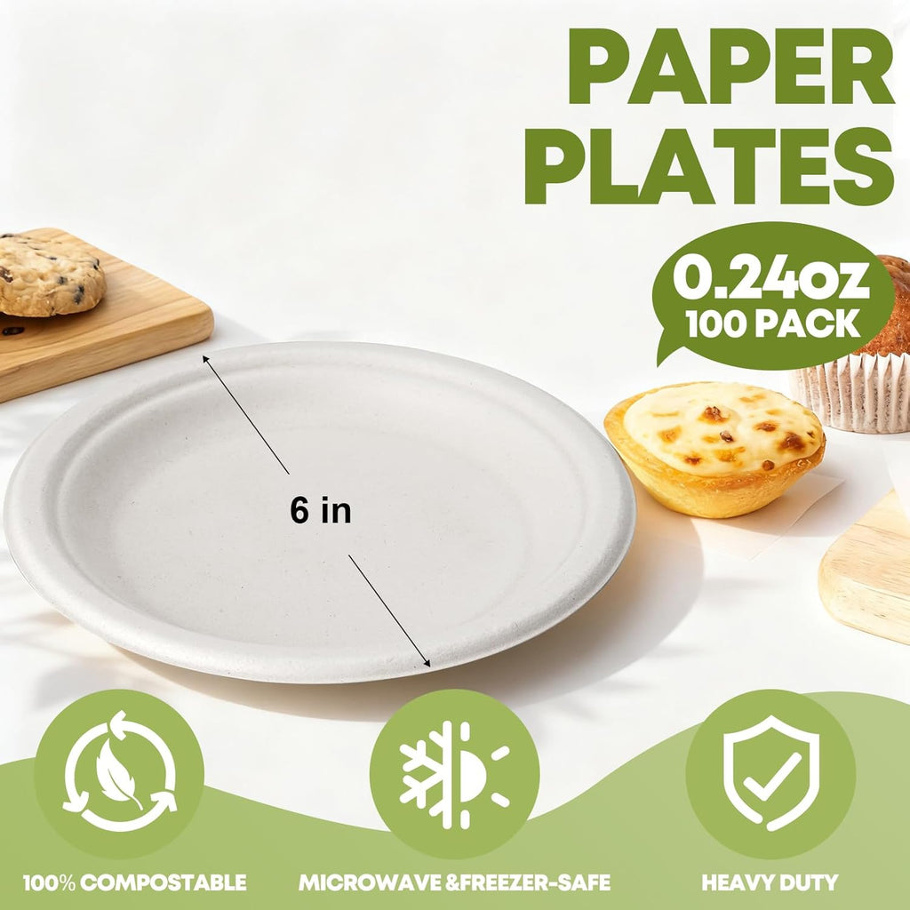 W&Y 100 Pack Heavy Duty 6 Inch Disposable Paper Plates - Compostable & Microwave-Safe for Parties & Picnics
