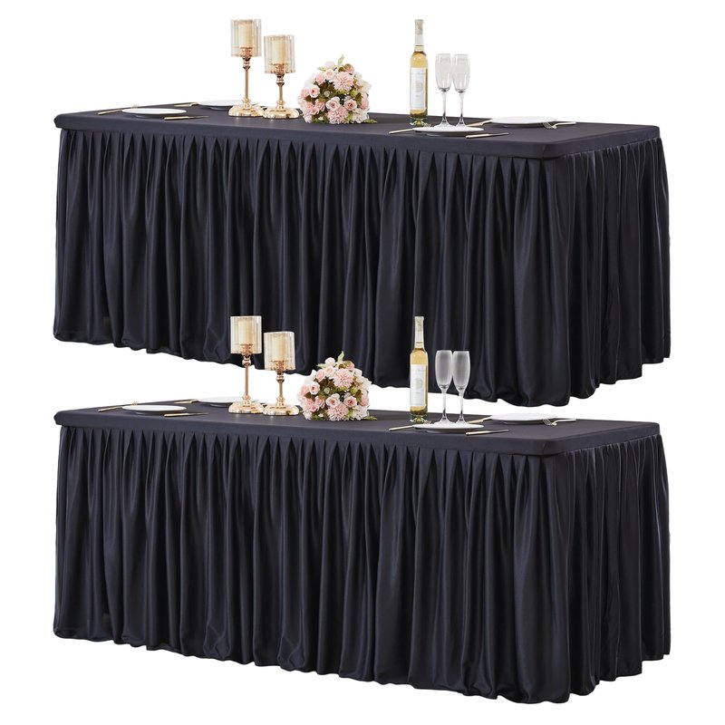 Party Talk 2 Packs Black Tableclothes for 8 Foot Rectangle Tables, Wrinkle Free Fitted Table Cloth 8ft Stretch Table Cover with Skirt for Parties Weddings Birthday Banquet Baby Shower