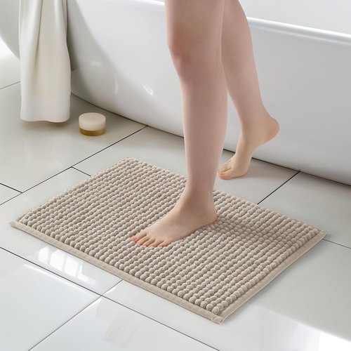 FRESHMINT Thick Chunky Chenille Bathroom Rug - Soft Non-Slip Bath Mat | 17"x24", Beige, Washable
