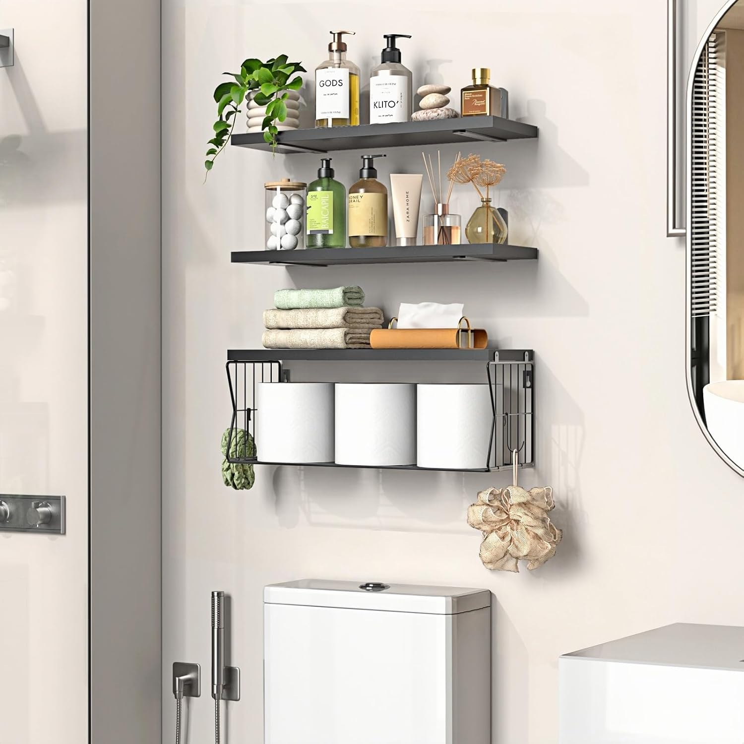 Regine Switzerland Floating Bathroom Shelves - Set of 3 Wall-Mounted Wooden Shelves for Modern Decor - Ideal Over Toilet Storage in Black