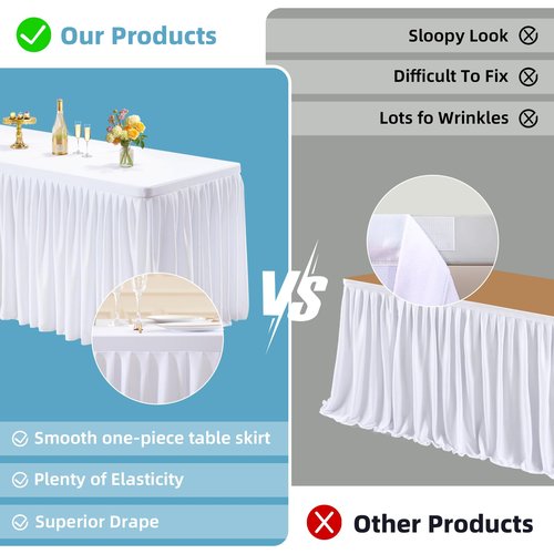 PARTISKY 1 Pack White Tablecloths for Rectangle Tables 4ft, Wrinkle Resistant White Table Cover Fitted Stretch Table Cloth with Pleated Ruffle Skirts for Party Banquet Dining Birthday Wedding