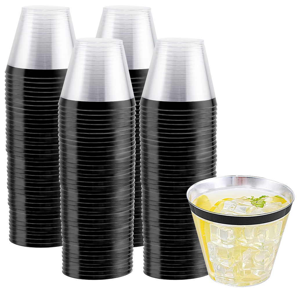 WELLIFE 120 PCS Black Plastic Cups,Disposable Cocktail Glasses,Plastic Wine Glasses Disposable,9 oz Clear Cups for Party