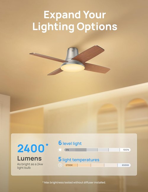 Dreo Ceiling Fan - Quiet DC Motor with 12 Speeds & 3 Modes | Dimmable LED, Remote Control, 44'' Silver