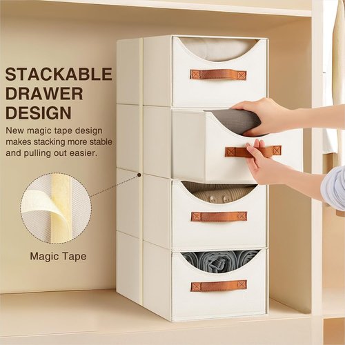 Homsorout Stackable Storage Drawers - Collapsible 4-Pack Fabric Organizers for Closet & Bedroom | Beige