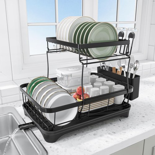 HOMEBOSILY Dish Drying Rack Two-Tier Drying Rack with Utensil Holder, Auto-Draining Dish Rack for Kitchen Counter, Large Capacity for Plates, Bowls, Cups, Dish Drainer with Drainboard, Black