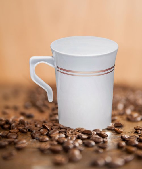 " OCCASIONS " 40 Pack, Heavyweight Disposable Wedding Party Plastic 8 oz Coffee Mugs for Tea/Cappuccino/Espresso with Handles (8 oz Mugs, White & Rose Gold Rim)