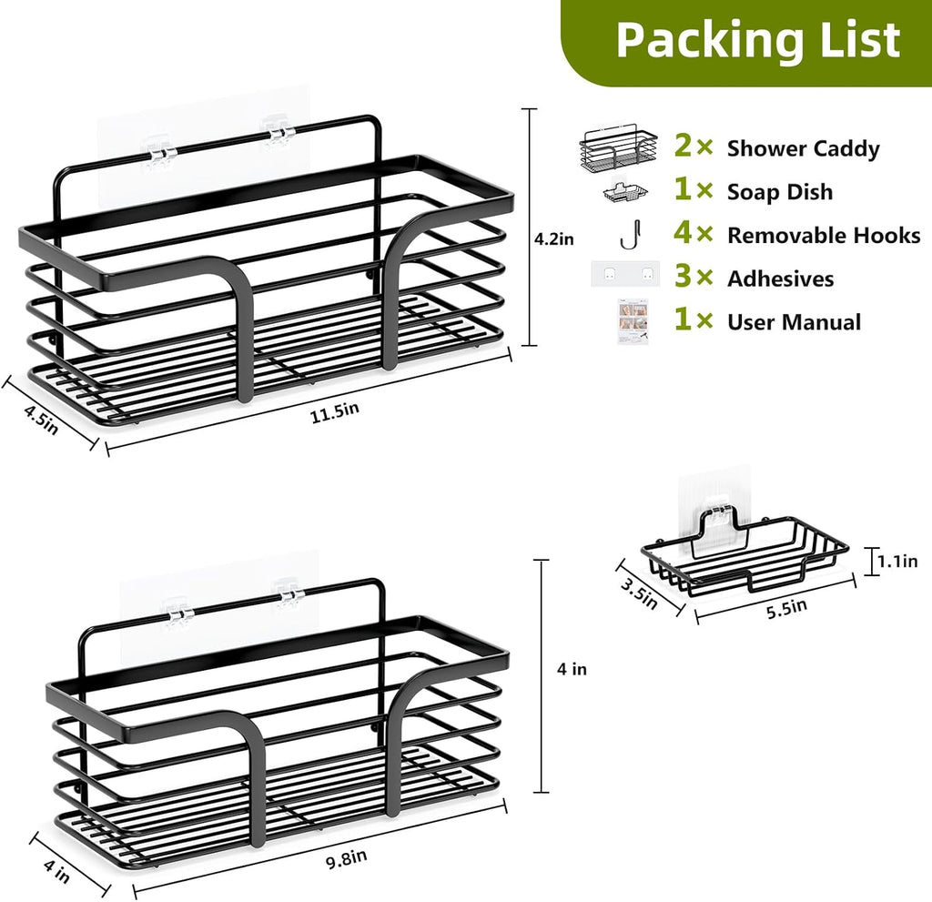 Yougai Shower Caddy - Rustproof Shower Organizer with Soap Holder & Hooks | Wall-Mounted Storage (Black)