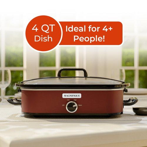 [NEW] MAGNIFIQUE 4-Quart Slow Cooker with Casserole Manual Warm Setting - Perfect Kitchen Small Appliance for Family Dinners, Dishwasher Safe Crock, Red