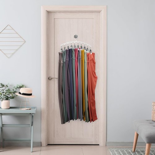 Legging Organizer - Metal Yoga Pants Hanger with Rubber Coated Clips | Space-Saving Closet Solution - White